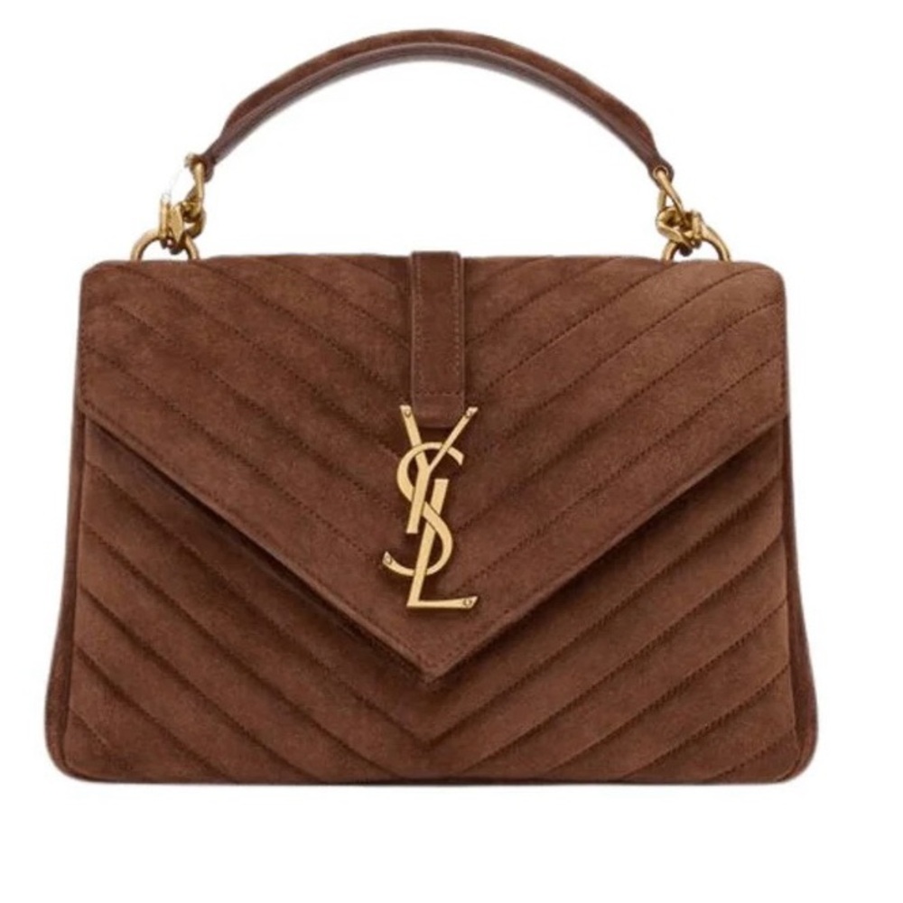 Saint Laurent College Medium Flap YSL Shoulder Bag in Quilted Suede Bark Brown